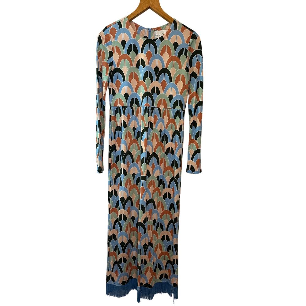 Cara Cara Multicolor Geometric Print Midi Dress with Blue Fringe Hem Size Small